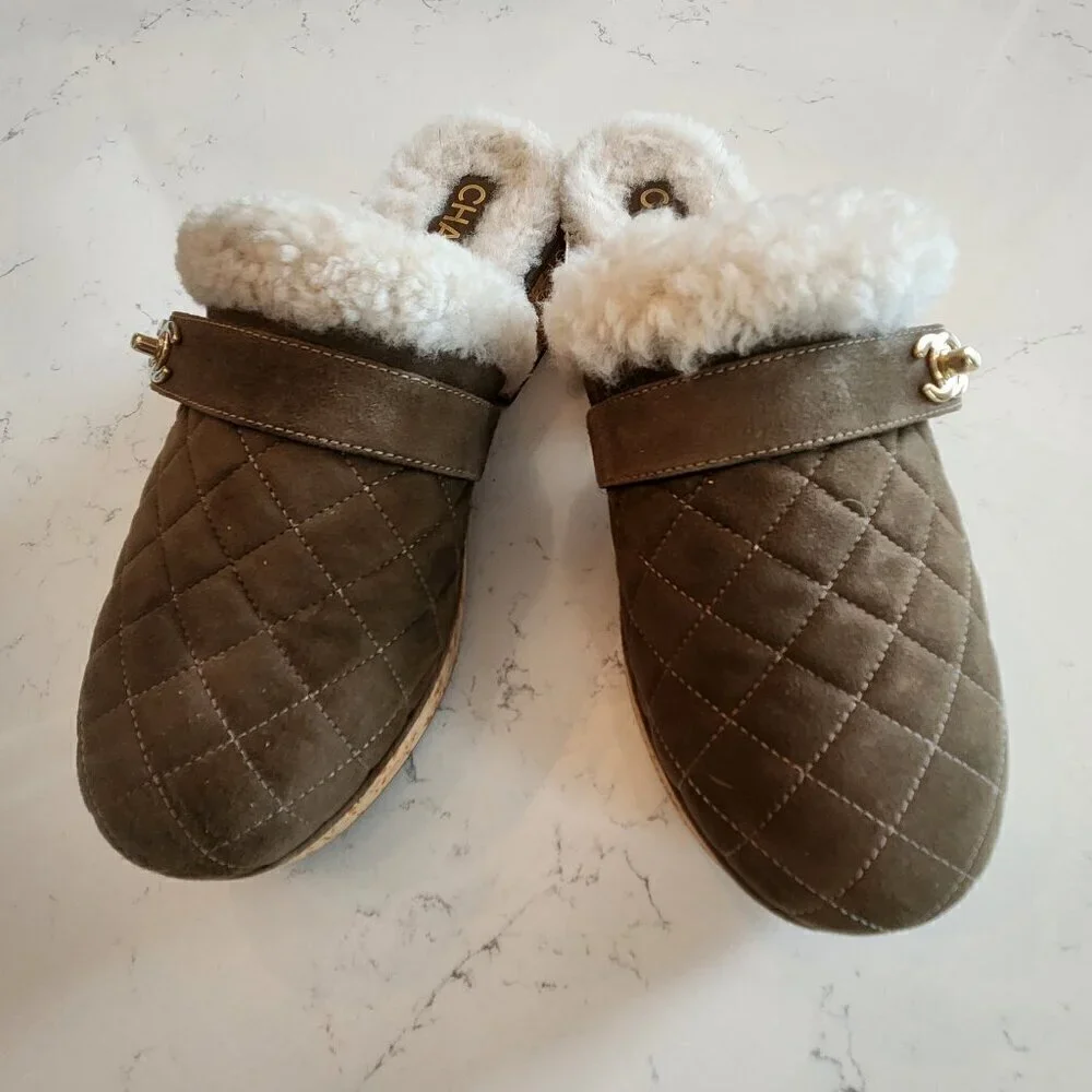 Chanel Suede Calfskin Shearling Turn Lock Clogs, Authentic